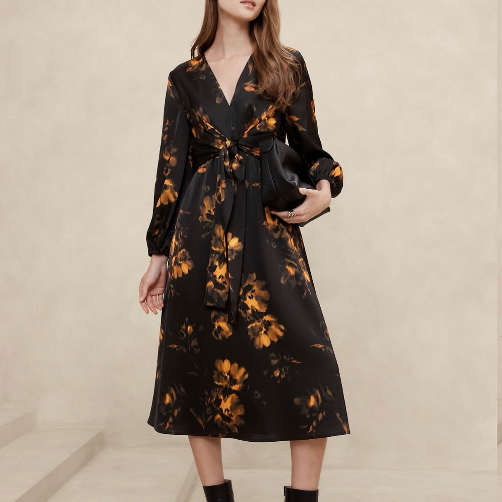 SATIN TIE-FRONT MIDI DRESS